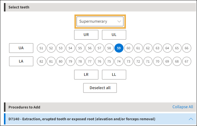 Select Teeth section with yellow highlight box around the Supernumerary selection showing the corresponding teeth.